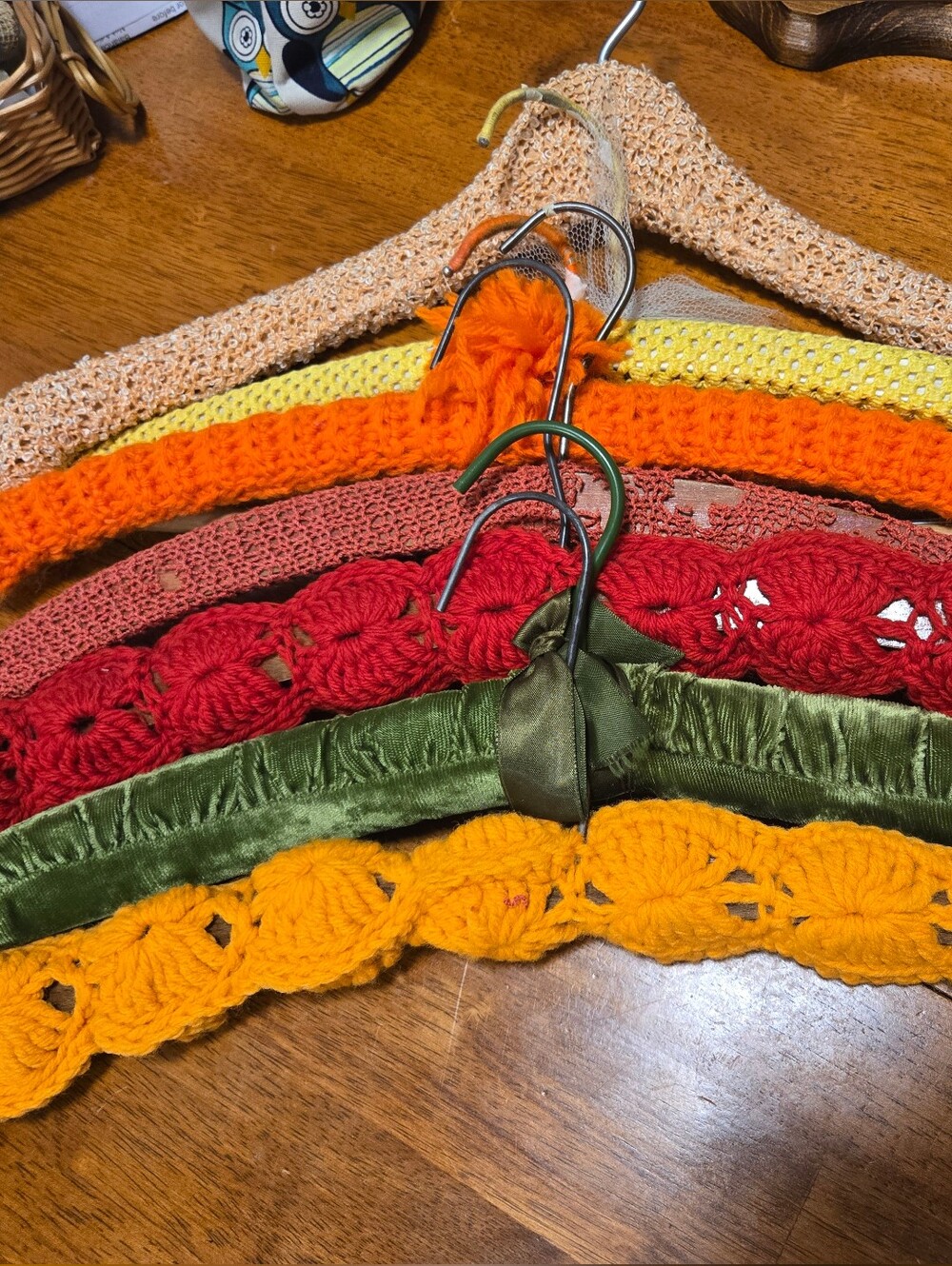 6 Handmade Crocheted & Fabric Padded Hangers - Bright Mixed Colors